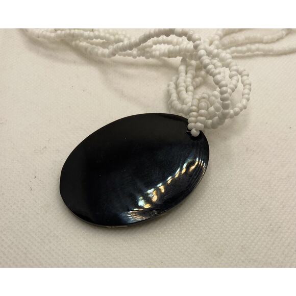 4 Strand White Seed Bead Necklace w Large Oval Abalone Pendant Beach Mermaid - Picture 8 of 9